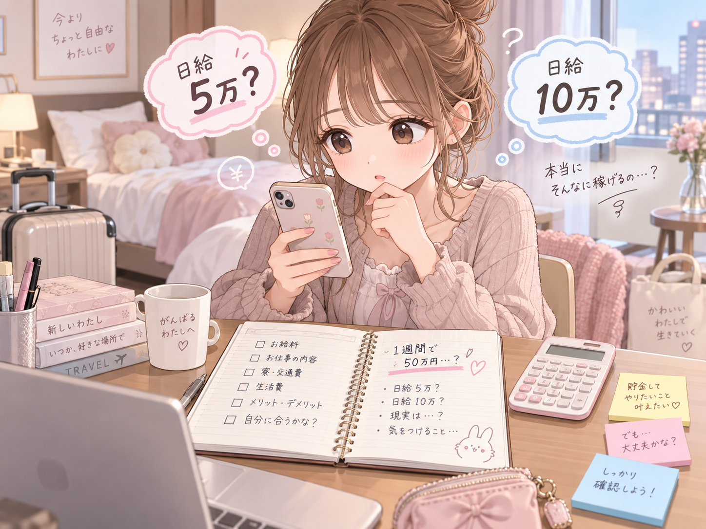 風俗出稼ぎで日給5万円や10万円の求人について考える女性