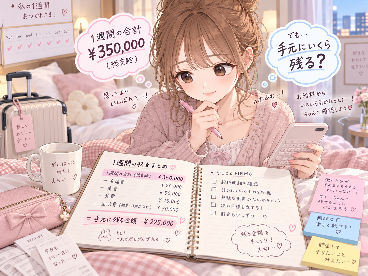 風俗出稼ぎで1週間の収入と手元に残る金額を計算する女性